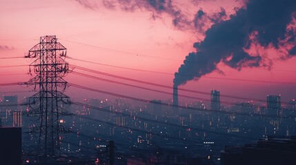 A breathtaking urban sunset scene showcasing industrial smoke and power lines against a vibrant sky, symbolizing modern pollution.