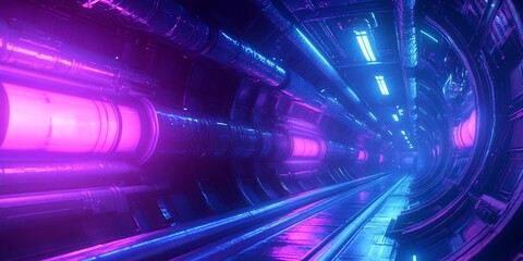 Wall Mural - Futuristic neon glowing tunnel with pink and blue lights.