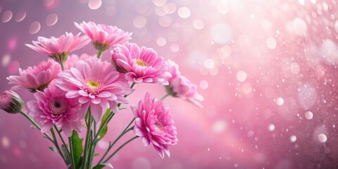 Wall Mural - Pink flowers with water drops on pink background