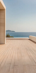 Fototapete - Serene ocean view from a modern terrace overlooking the calm sea and distant hills on a sunny day