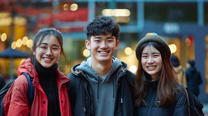 Poster - Three friends smile broadly while standing together in an urban area at night, surrounded by colorful lights and a bustling crowd, capturing a moment of friendship and joy.