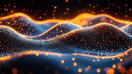 Poster - Abstract wave patterns adorned with glowing particles create a mesmerizing display of light and motion in a digital landscape