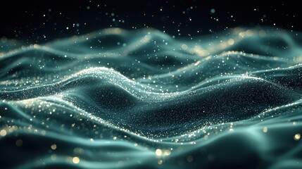 Poster - Abstract representation of flowing waves with shimmering particles in a dark space, creating a mesmerizing visual effect of light and motion