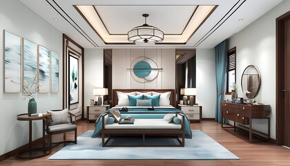 Wall Mural - Design a quiet and comfortable Chinese-style bedroom, showcasing the perfect combination of traditional aesthetics and modern home furnishing