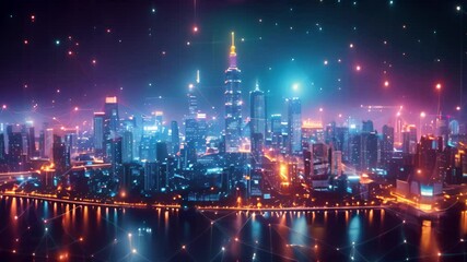 Poster - Illuminated cityscape against night sky with cyber network connections.