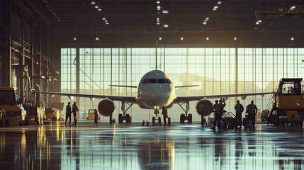 A modern airplane being serviced in a brightly lit hangar, showcasing the bustling aircraft maintenance environment.