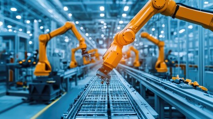 Poster - A modern industrial setting featuring robotic arms performing precise tasks along an automated assembly line.