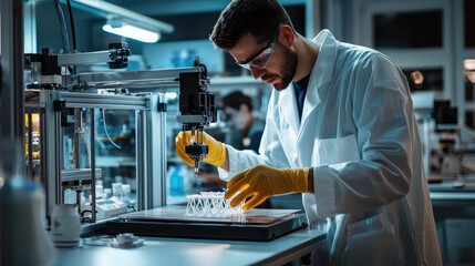 Poster - A scientist in a lab coat conducts research using advanced technology in a modern laboratory setting.