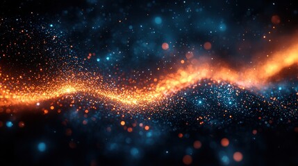 Poster - Vibrant patterns of glowing particles create a stunning abstract background in a cosmic setting filled with blue and orange hues