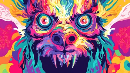  A colorful and detailed illustration of a wolf's face, with sharp teeth and glowing eyes.