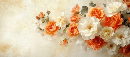 Wall Mural - A beautiful arrangement of peach and white roses on a textured beige background.