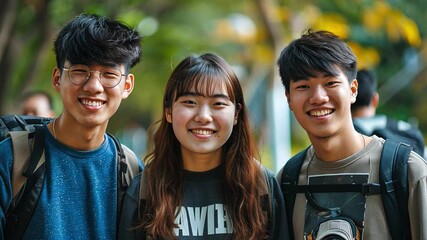 Poster - Three young friends stand close together, smiling broadly under the sunlight in an outdoor park. The warm atmosphere reflects friendship and joy in their relaxed clothing.