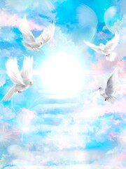 Wall Mural - The flying  white doves around clouds stairs leading to shining heaven and the background of the clouds in beautiful blue sky	
