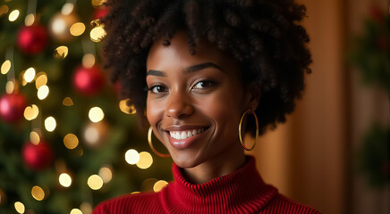 Wall Mural - A woman with curly hair is smiling and wearing a red sweater