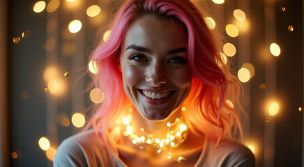 Wall Mural - A woman with pink hair is smiling and wearing a necklace