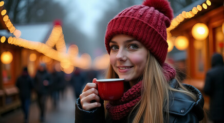 Poster - A woman wearing a red hat and scarf is holding a red coffee cup