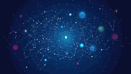 Poster - Abstract Starry Sky Vector with Wireframe Planets and Stars, Space Concept for Astronomy, Minimalist Galaxy Illustration