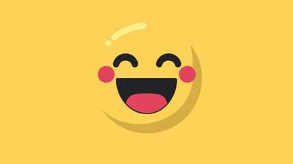 Poster - Excited Happy Emoji Face Vector Art with Open Mouth and Blush Cheeks on Yellow Background for Social Media Reactions and Digital Communications