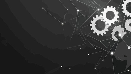 Poster - Abstract Grey Gears With Polygonal Lines and Connecting Dots on Black Background - Minimalist Low Poly Science and Technology Concept Vector