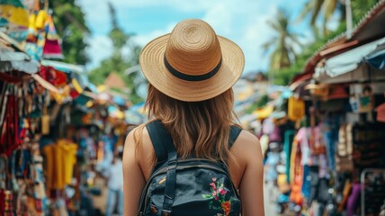 Traveler exploring vibrant market streets in a tropical setting.