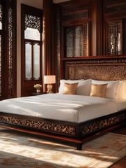 Wall Mural - A luxurious bedroom featuring intricate wooden carvings, plush bedding, and warm, inviting sunlight.