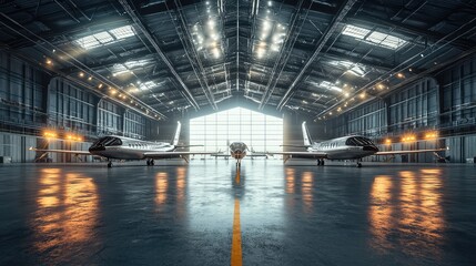 A spacious aircraft hangar with shining floors and multiple planes, showcasing modern aviation and expansive interior design.