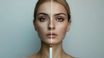 A striking portrait of a woman split between two sides, illustrating beauty and the contrast of smoking.