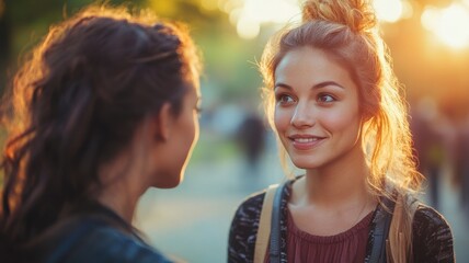 Two friends enjoying a sunset moment, smiling and engaging in conversation.