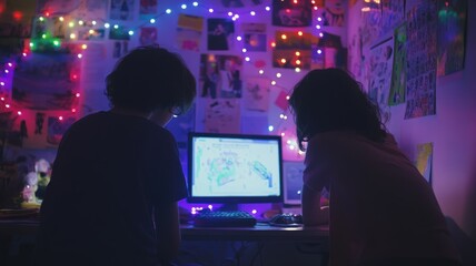 Two individuals engaged with a computer, illuminated by colorful lights.
