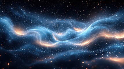 Cosmic blue and orange waves with sparkling stars in a dark space environment during a serene night