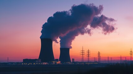 A stunning sunset view of cooling towers emitting steam, showcasing industrial energy production against a colorful sky.