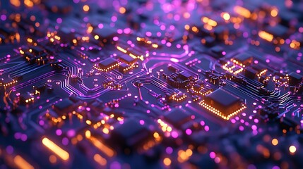 Aufkleber - Abstract glowing circuit board with purple and orange light.