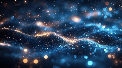 Poster - glittering wave of light particles creating a mesmerizing abstract background with blue and gold ton