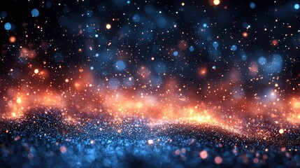 Poster - Vibrant abstract background of shimmering particles and glowing lights in shades of blue and orange, creating a magical cosmic effect