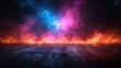 © Рудой Максим - A colorful cosmic background with vibrant nebulae and fiery edges illuminating a wooden floor