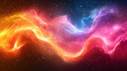 Poster - Colorful abstract cosmic waves of energy and light flowing through a starry night sky with vibrant hues of orange, pink, and blue
