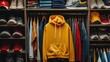 © Kitta Studio - A vibrant yellow hoodie stands out in a neatly organized closet filled with colorful clothing and shoes.