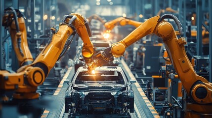 Poster - Advanced robotic arms assembling vehicles in a high-tech manufacturing facility, showcasing modern automation in the automotive industry.