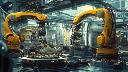 Poster - Advanced robotic arms in a modern industrial factory, showcasing automation technology and precision engineering.