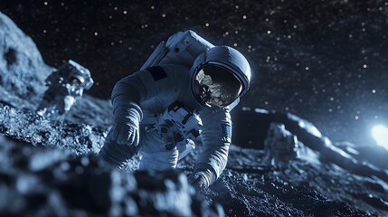 Wall Mural - Astronauts exploring an asteroid 3D rendering. 