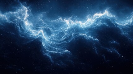a vibrant display of swirling blue clouds illuminated by starlight in a vast cosmic expanse