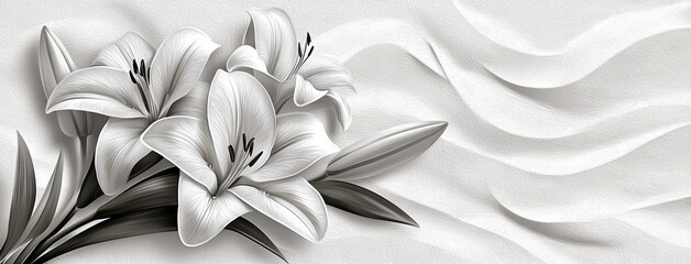 Interior black and white photo wallpaper of painted water lilies in 3D