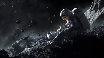 Wall Mural - Astronauts exploring an asteroid 3D rendering. 