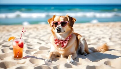 Wall Mural - Golden Retriever Relaxing on Sunny Beach: A Perfect Resort Holiday Vibe