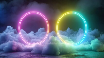 Aufkleber - Colorful neon ring glowing inside the stormy cloud, abstract background, 3D render