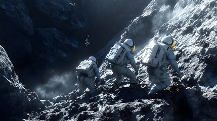 Wall Mural - Astronauts exploring an asteroid 3D rendering. 