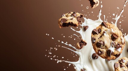 Wall Mural - chocolate chip cookies with splashes of milk on a brown background