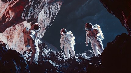Wall Mural - Astronauts exploring an asteroid 3D rendering. 