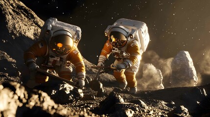 Wall Mural - Astronauts exploring an asteroid 3D rendering. 
