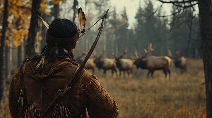 An indigenous archer in traditional attire observes a herd of elk in a serene forest setting during autumn.